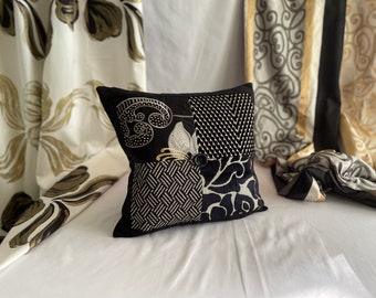 18”x 18” Designers Guild Bohemian Style, Quilted Decorative Pillow Cover, Black and White, Embroidered Silk and Cut Velvet, Jane Hall Design
