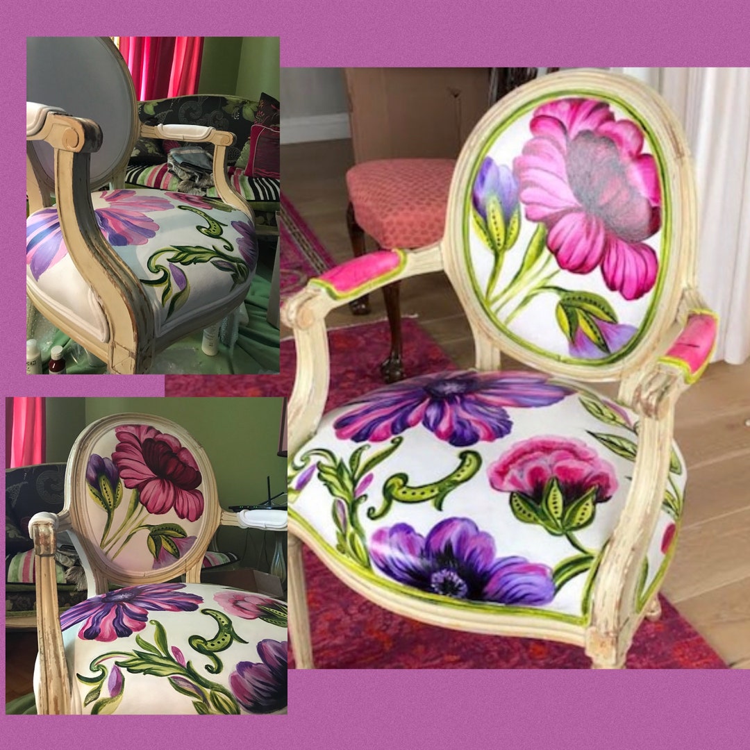 Hand Painted Upholstered Chair in a Magenta and Purple Floral Etsy