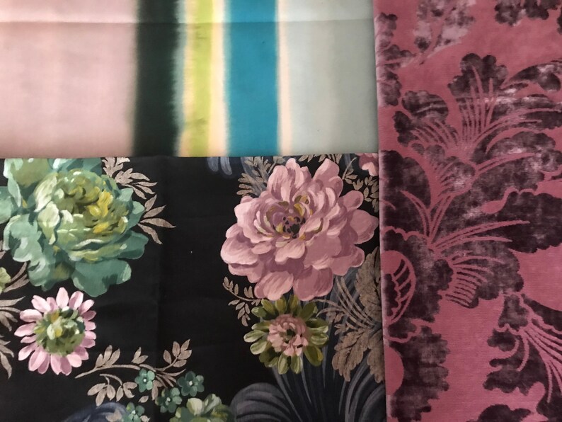 Midnight Blue Green Printed Linen and Cut Velvet Fabric Mauve Quilted Decorative Pillow Cover 20\u201dx 14\u201d Designers Guild Romantic Style