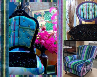 Designers Guild-Upcycled- Upholstered-Dining Chair, Repurposed In Turquoise and Black-Velvet and Silk Fabric-By Jane Hall Design