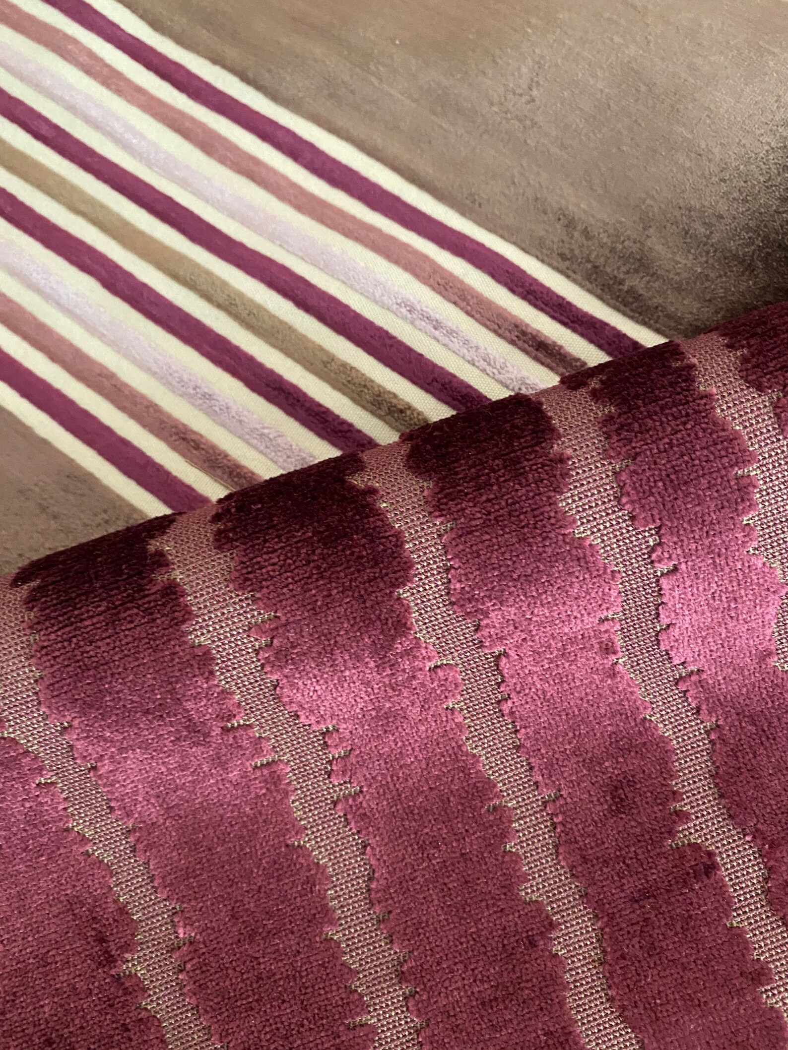 Romo Fabric Taupe Burgundy Stripe Velvet Upholstery Fabric Etsy