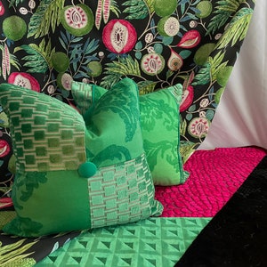 18”x 18” Designers Guild, Bohemian Style, Decorative Pillow Cover in Emerald Green, Printed Cotton, Cut Velvet, by Jane Hall Design