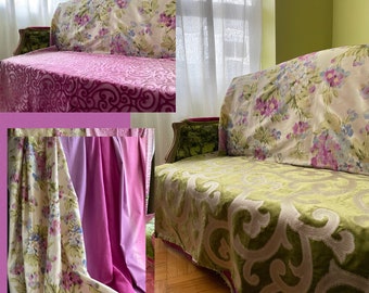Upcycled Loveseat, Designers Guild-Printed Silk “Rosamund” “Rochester” Velvet Weave-Mauve- Green- Cream Silk Ground-Fabrics Jane Hall Design