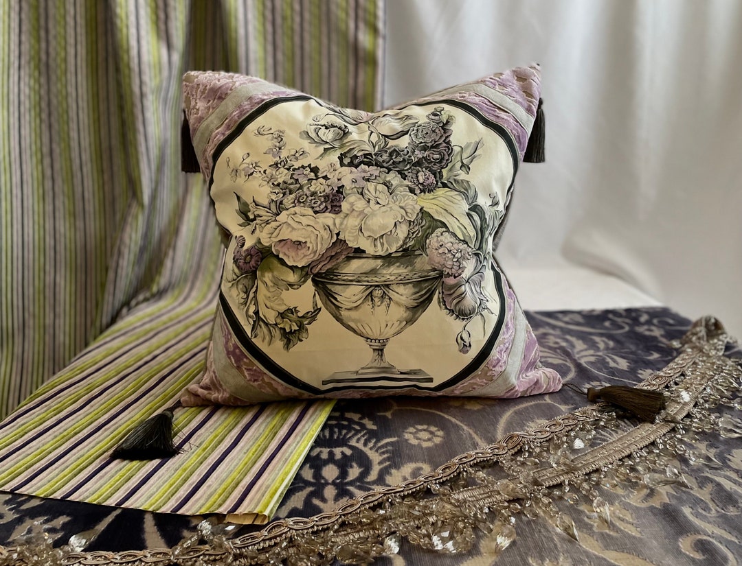 Buy 20”/20” Designers Guild, “wyatt” Appliqué Pillow Cover, in Mauve Purple  and Grey Glazed Cotton, Raw Silk Fabrics, Decorative Trim Online in India 