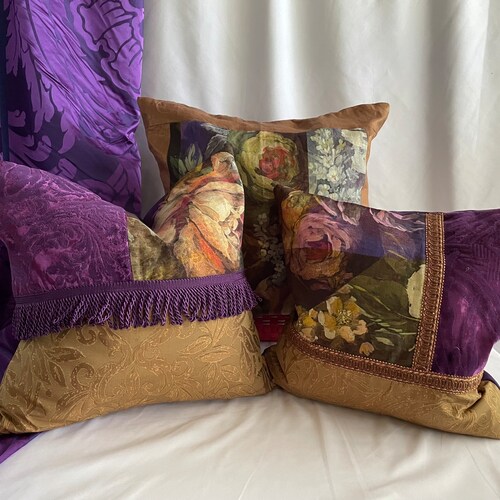 Designers Guild “Minakeri Rosewood” 14”/20” shops Bohemian Style, Decorative Pillow Cover, Purple and Copper Printed Linen, Velvet, Bullion Trim