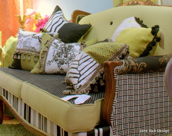 Upcycled- Vintage Loveseat, In Black- White - Green- Woven Fabrics , By Jane Hall Design