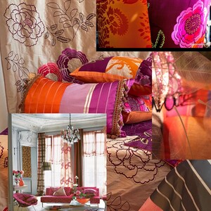 May include: A collage of home decor items featuring a floral theme. Includes a patterned sofa, pillows, and curtains in shades of pink, orange, and purple. The image showcases various textures and patterns, creating a vibrant and stylish interior design aesthetic.