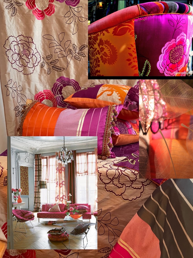 May include: A collage of home decor items featuring a floral theme. Includes a patterned sofa, pillows, and curtains in shades of pink, orange, and purple. The image showcases various textures and patterns, creating a vibrant and stylish interior design aesthetic.