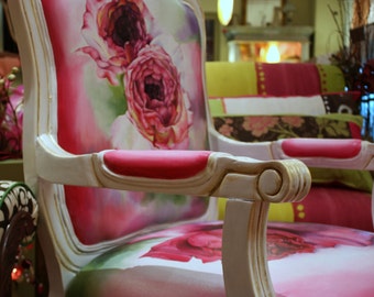 Upcycled, Romantic Style, Hand Painted, Upholstered Chair in Pink and Green Floral Pattern, by Jane Hall Design