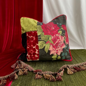 20”20” Designers Guild, Jane Churchill Ave, Decorative Pillow Cover, Black Green and Red, Printed Linen, Velvet Fabric, By Jane Hall Design