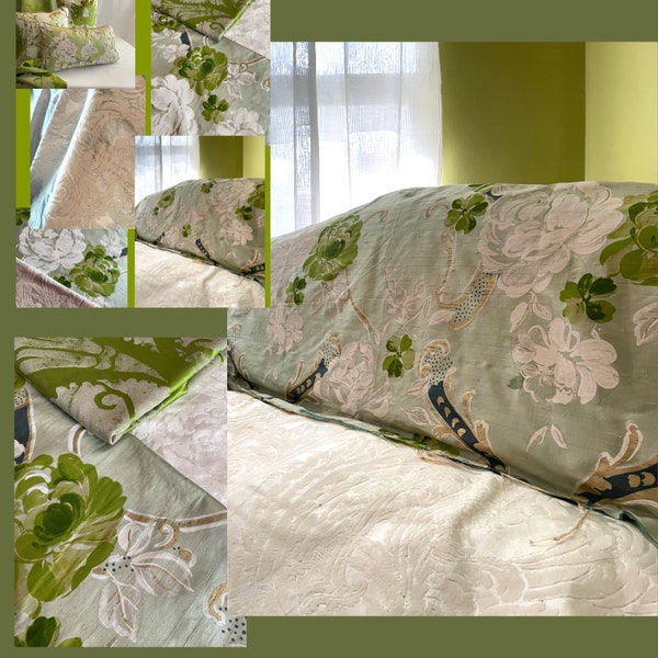 Upcycled-Antique Loveseat-Designers Guild- Green and White “Wyatt” Printed Silk- “Merelli” Velvet Weave- Fabrics-by Jane Hall Design