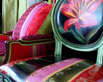 Hand Painted-Bohemian Style- Upholstered Dining Chair - in Red and Black, By Jane Hall Design