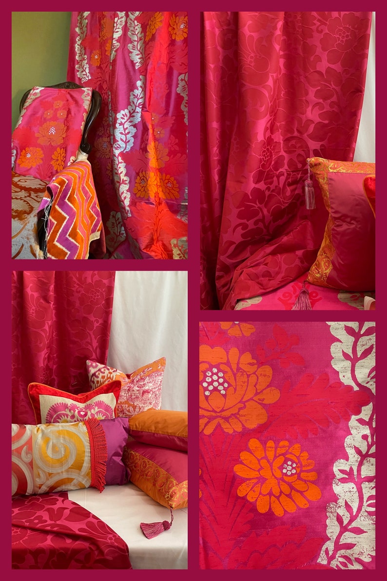 May include: A collage of vibrant home decor items in shades of red, pink, and orange. The image features patterned curtains, throw pillows, and a chair cushion. Floral and leaf patterns are prominent, with gold and silver accents. The textiles create a luxurious and colorful interior design theme.