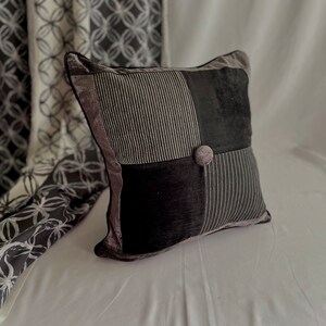 18”/18” Designers Guild, Bohemian Style, Quilted Decorative Pillow Cover, Black and Grey Velvet and Chenille Fabrics, By Jane Hall Design