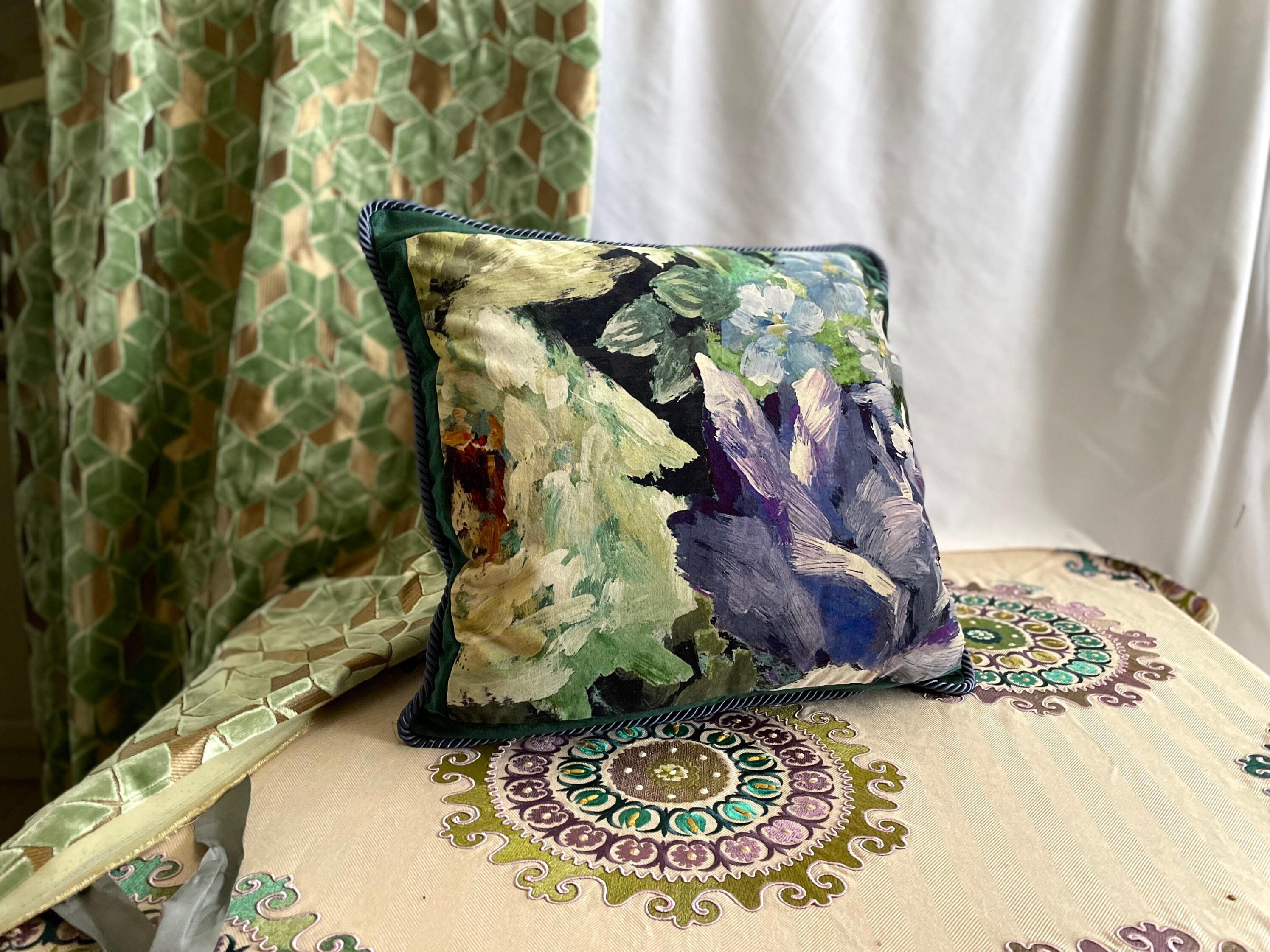 Designers Guild  “Bloomsbury Rose” 22”/22” Decorative Pillow Cover, Teal, Emerald And Navy Printed Velvet, Corded Trim, from Jane Hall