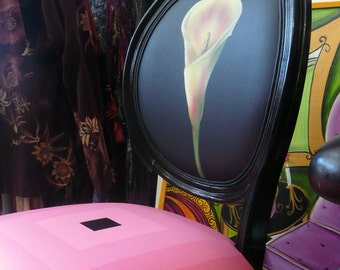 Upcycled, Upholstered Dining Chair, Hand Painted Floral Design, in Pink and Black, By Jane Hall Design