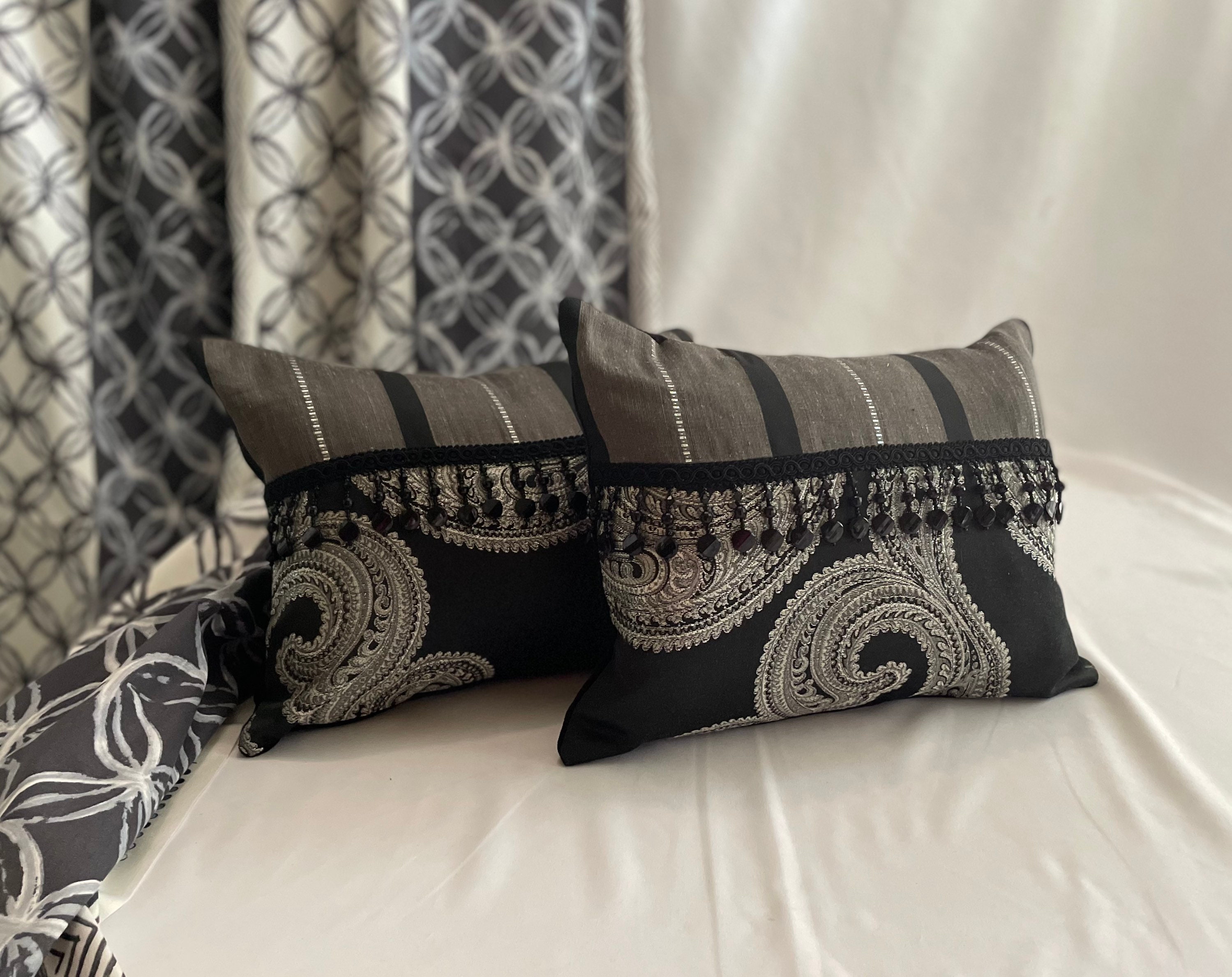 12”x 16” Designers Guild, Bohemian Style, Quilted Decorative Pillow Cover, Black and White  Woven Fabric, Black Beaded Trim, by Jane Hall