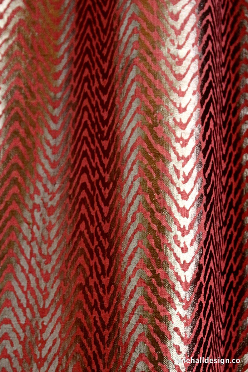 Jab Terracotta and Metallic gold Printed Linen Fabric,Herringbone Pattern From Jane Hall Design