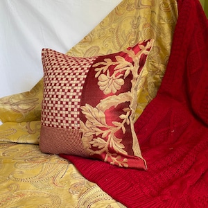18”x 18” Beacon Hill, Scalamandre, Decorative Pillows, in Red and Gold Woven Silk Woven Jacquard and Cut Velvet , by Jane Hall Design