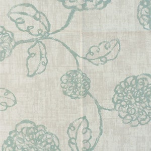 May include: A light blue and white floral fabric with a repeating pattern of stylized flowers and leaves. The fabric has a linen-like texture.