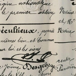 May include: A close-up of a vintage fabric with black ink text on a white background. The text includes the words "le premier", "écultieux", "propriété", "Commun", "les siens", "Jérôme", "Desgrozge", "Panissier", "de la Ville", and "Jeurs".