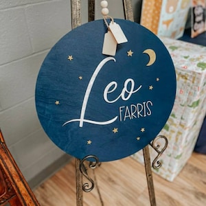 3D Round Name Sign // Celestial Door Hanger // Moon and Stars // Round Sign for Above Bed or Crib // Painted Wood Sign // Custom Baby Gift