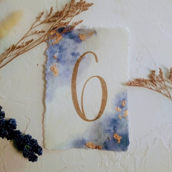 Any Colors! Navy Watercolor Table Numbers for Wedding Reception // Dinner Seating // Cotton Paper Gold Leaf Foil