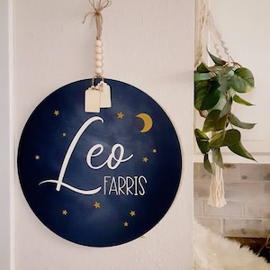 3D Round Name Sign // Celestial Door Hanger // Moon and Stars // Round Sign for Above Bed or Crib // Painted Wood Sign // Custom Baby Gift