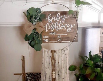 Gender Neutral Hospital Door Hanger // Boho Chic Newborn Stats // Metal Hoop Hanger With Yarn // Baby Homecoming Sign // Greenery Burlap