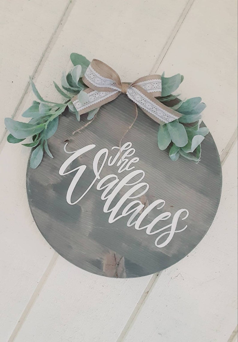 Farmhouse Rustic Wall Decor Front Door Hanger Porch Round Sign Family Name Established Date Greenery Burlap Personalized Paint