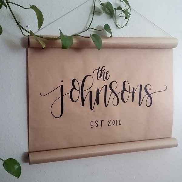 Personalized Family Name Brown Paper Scroll // Last Name Sign // Hanging Wall Decor // Farmhouse Style // Custom Home Decor // Hand Lettered