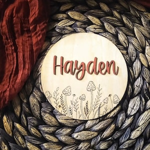 Boho 3D Baby Announcement Disc or Sign // Newborn Nursery Wood Wall Decor // Photo Prop // Mushroom Engraved Wood Sign // Custom Baby Gift