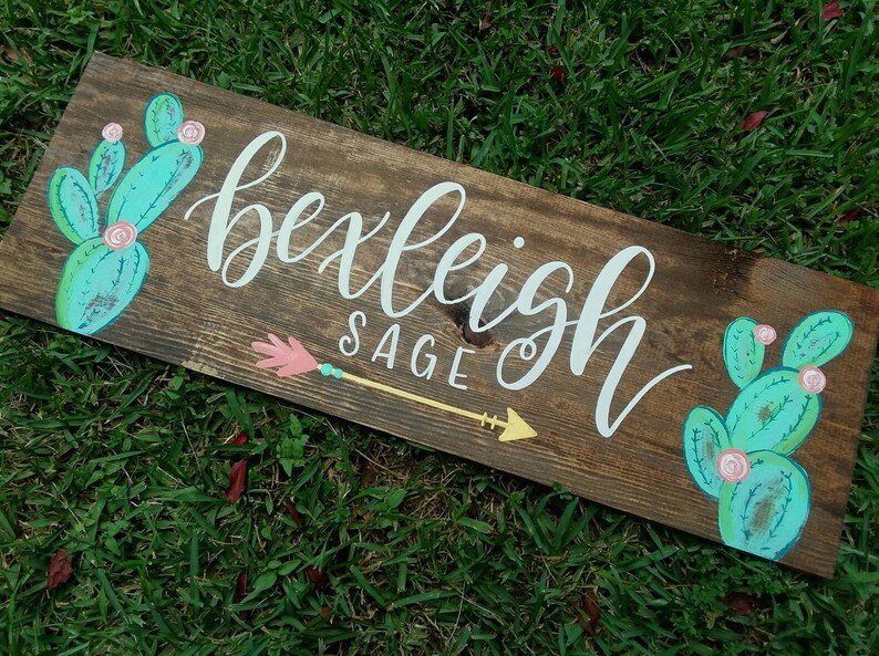 Personalized Cactus Arrow Bedroom Decor Wood Wall Art Floral Cactus Gold Mint Green Pink Coral Nursery Sign