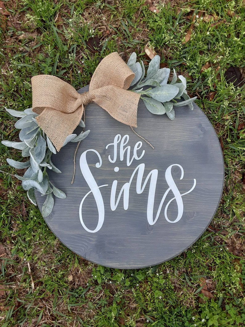 Farmhouse Rustic Wall Decor Front Door Hanger Porch Round Sign Family Name Established Date Greenery Burlap Personalized Paint