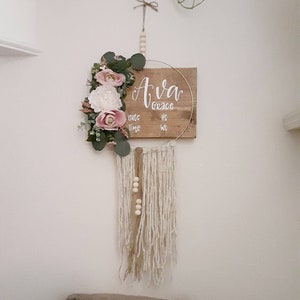 Hospital Door Hanger // Newborn Baby Girl Nursery Decor // Floral Greenery Yarn Beads // Modern Boho Baby Wreath // Blush White Rustic