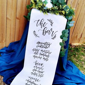 Handlettered Bar Menu Scroll, Calligraphy Wedding Table Decor