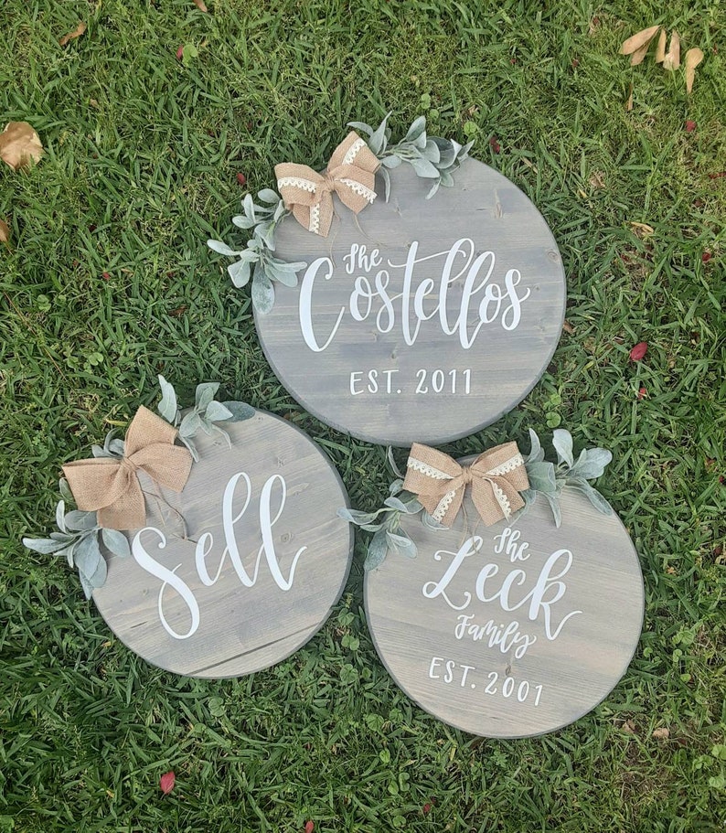 Farmhouse Rustic Wall Decor Front Door Hanger Porch Round Sign Family Name Established Date Greenery Burlap Personalized Paint