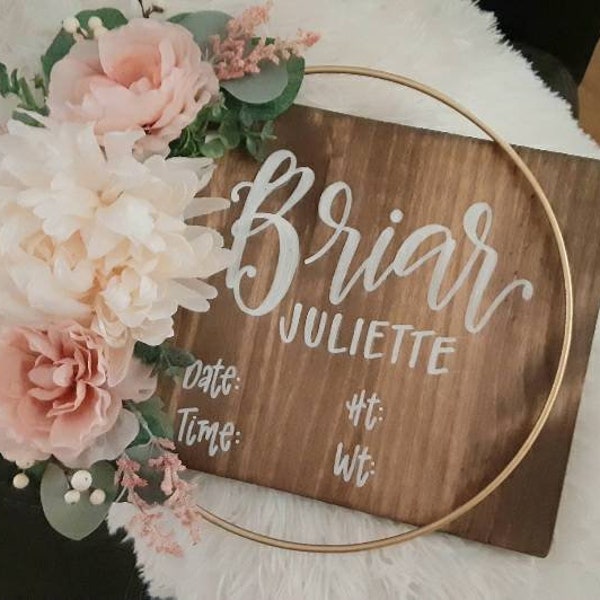 Hospital door hanger // Blush, Light peach, White or Cream // Newborn Stats Sign // Homecoming Baby Pictures // Hand lettered and painted