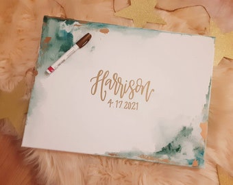 Alternative Guest Book Canvas // Wedding Guestbook for Ceremony or Bridal/Couples Shower // Watercolor Teal Gold // Modern Wedding Decor
