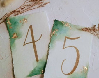 Any Colors! Watercolor Table Numbers for Wedding Reception // Dinner Seating // Cotton Paper Gold Leaf Foil