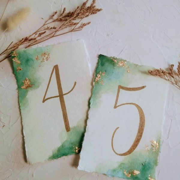 Any Colors! Watercolor Table Numbers for Wedding Reception // Dinner Seating // Cotton Paper Gold Leaf Foil