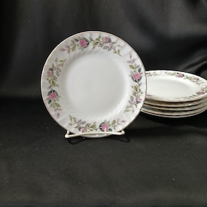 May include: White ceramic plates with a floral rose design in pink and green. The plates have a gold trim and a swirled edge. A stack of plates is visible in the background, and one plate is displayed on a white metal stand.
