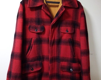 40s 50s Vintage Woolrich Coat, Red and Black Mackinaw Plaid Wool