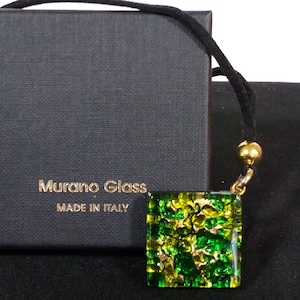 Murano Attributed Glass Green & Gold Pendant Necklace with Box