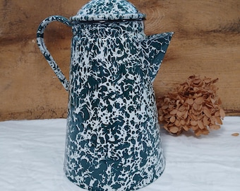 Vintage Metal Green Spattered Coffee Pot with Lid