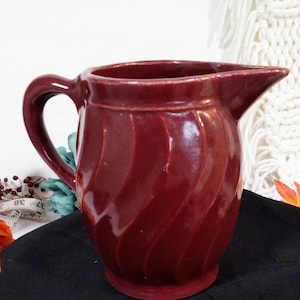 Vintage Red Pottery Pitcher with Swirl Design and Applied Handle l Marked USA l Burgundy Pottery Milk Pitcher l  Gift Idea Under 15 Dollars