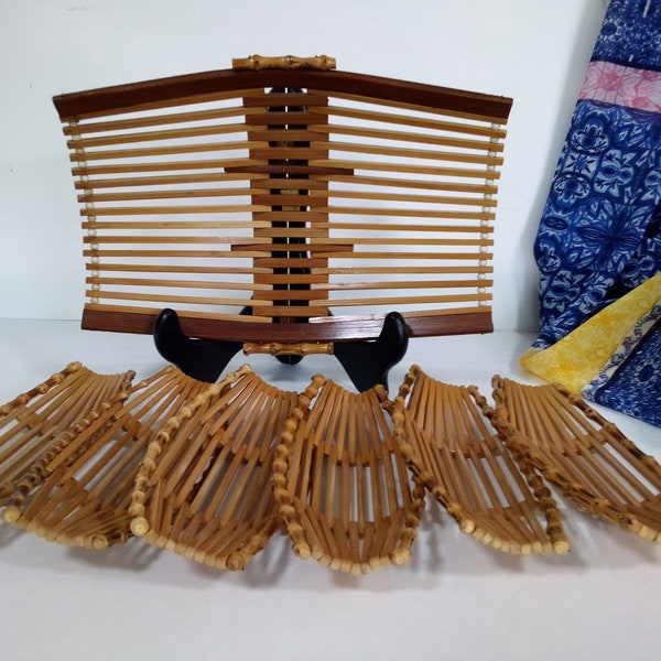 Vintage Retro Bamboo Baskets l Oshibori Hot or Cold Hand Towel Trays l Set of Seven l Unique Gift Idea under 35 Dollars