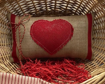 Valentine Heart Accent Pillow~ Valentine's Day Decor~ Sweetheart Pillow~ Burlap Red Heart Pillow~ Love Pillow~