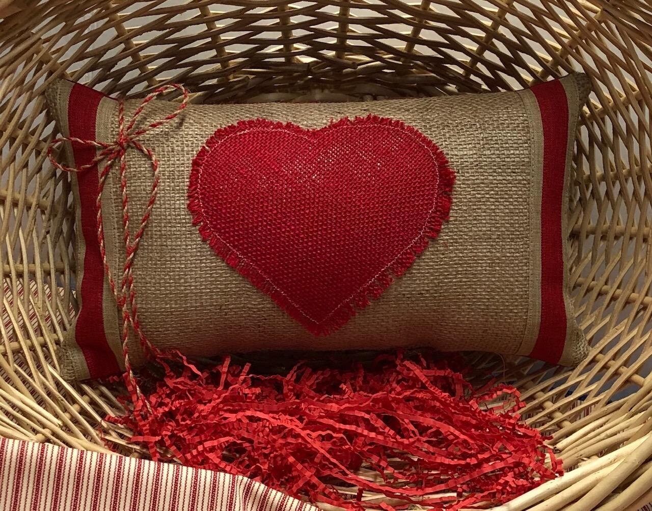 Valentine Pillow ~ Burlap and Ribbon Heart - Domestically Speaking