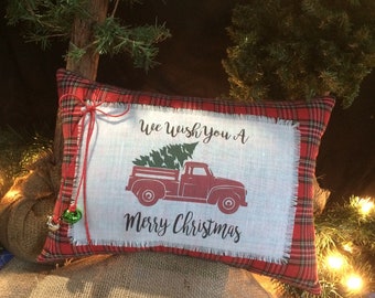 Merry Christmas Pillow with red truck~We wish you a Merry Christmas verse~ Christmas plaid pillow~Holiday pillow~Pick up truck theme~